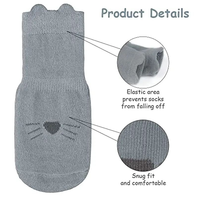 Vicloon Calzini Antiscivolo, 5 Paia per Bambini a Tubo Medio, in Cotone, per Neonato 0-12 Mesi, Natale Compleanno Regalo, Motivi Animali miniatura 3
