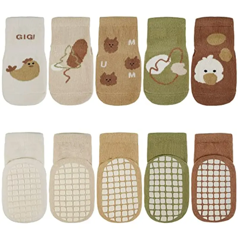 Vicloon Calzini Antiscivolo, 5 Paia per Bambini a Tubo Medio, in Cotone, per Neonato 1-3 Anni, Natale Compleanno Regalo, Motivi Animali