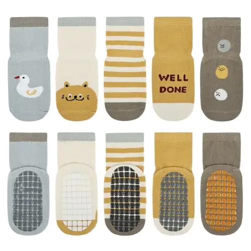 Vicloon Calzini Antiscivolo in Cotone Bimbi, 5 Paia Calzini per Bambini a Tubo Medio, Calzini Antiscivolo, Antiscivolo
