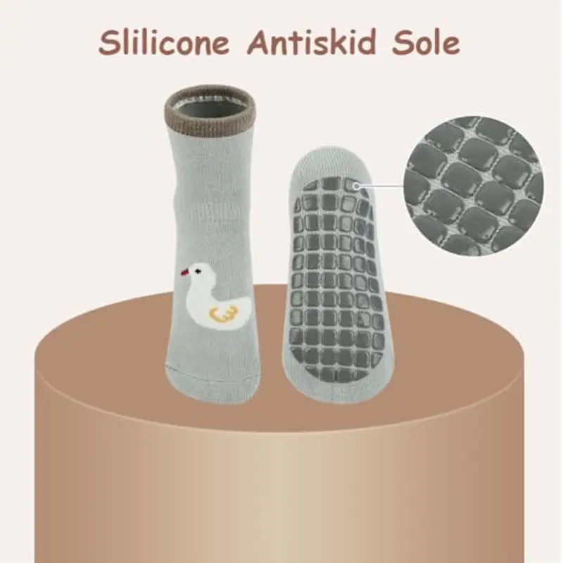 Vicloon Calzini Antiscivolo in Cotone Bimbi, 5 Paia Calzini per Bambini a Tubo Medio, Calzini Antiscivolo, Antiscivolo miniatura 3