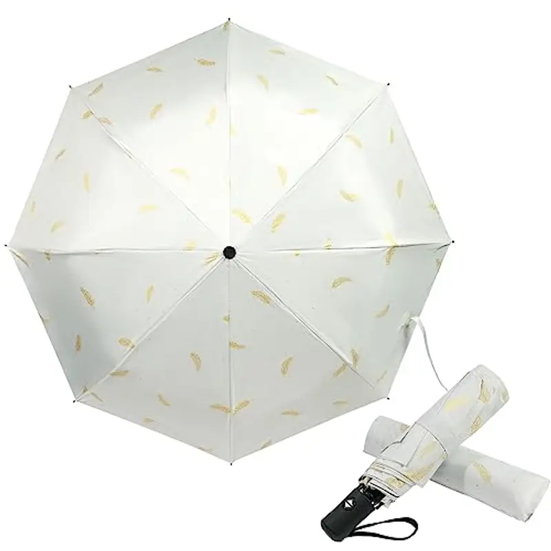 Vicloon Mini Ombrello, Ombrello Automatico, Anti-UV Antivento Doppia-Uso Ombrello Pioggia/Sole, Portatile Compatto Ombrello Pieghevole Ombrello da Viaggio con Motivo a Piume, 8 Nervature