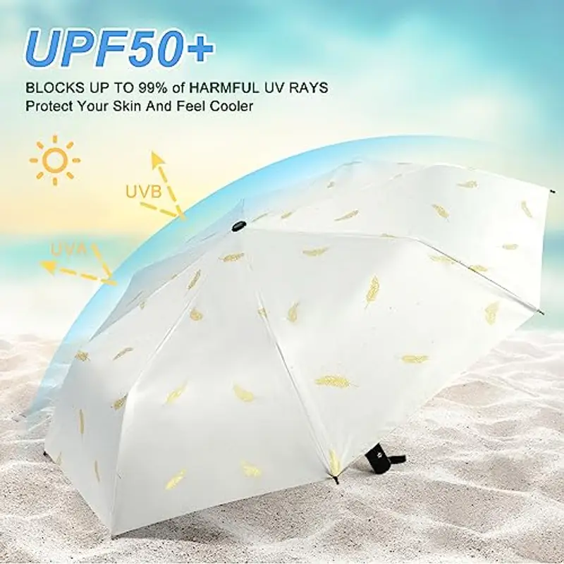 Vicloon Mini Ombrello, Ombrello Automatico, Anti-UV Antivento Doppia-Uso Ombrello Pioggia/Sole, Portatile Compatto Ombrello Pieghevole Ombrello da Viaggio con Motivo a Piume, 8 Nervature miniatura 3