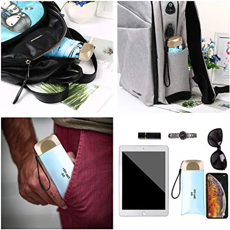 Vicloon Mini Ombrello, Ombrello Tascabile con Manico Dorato & 6 Nervature in Lega di Alluminio, Portatile Compatto Pieghevole Viaggio Ombrello, UPF 50+ Ombrello da Sole/Pioggia - Azzurro miniatura 3
