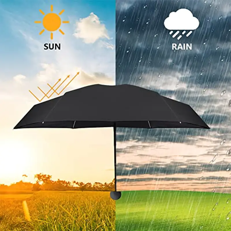 Vicloon Mini Ombrello, Ombrello Tascabile con Manico Dorato Nervature in Lega di Alluminio, Portatile Compatto Pieghevole Viaggio Ombrello, UPF>50+ Ombrello da Sole/Pioggia (Nero) miniatura 2