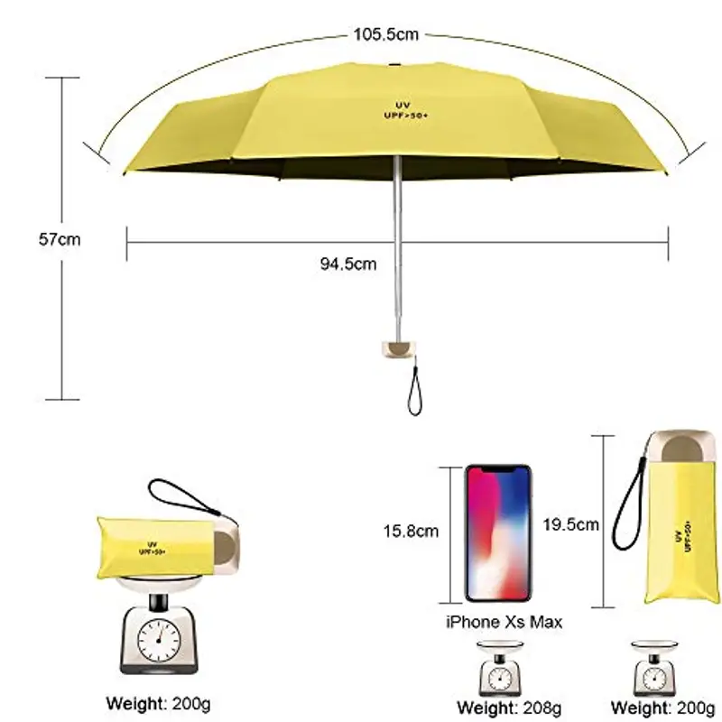 Vicloon Mini Ombrello Tascabile con Manico Dorato Nervature in Lega di Alluminio, Portatile Compatto Pieghevole Viaggio, UPF 50+ da Sole/Pioggia - Giallo miniatura 2