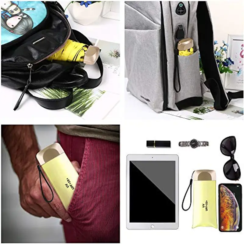 Vicloon Mini Ombrello Tascabile con Manico Dorato Nervature in Lega di Alluminio, Portatile Compatto Pieghevole Viaggio, UPF 50+ da Sole/Pioggia - Giallo miniatura 3