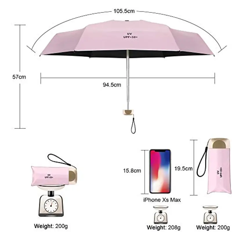 Vicloon Mini Ombrello Tascabile con Manico Dorato Nervature in Lega di Alluminio, Portatile Compatto Pieghevole Viaggio, UPF 50+ da Sole/Pioggia - Rosa miniatura 2
