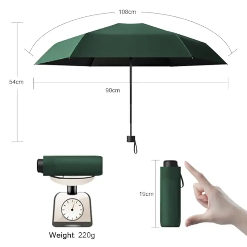 Vicloon Ombrello Pieghevole Antivento, Ombrello da Viaggio Portatile Leggero Compatto, Protezione Pioggia e UV Ombrello per Uomo e Donna Tascabile Adatto per attività All'aperto (Verde Scuro) miniatura 2
