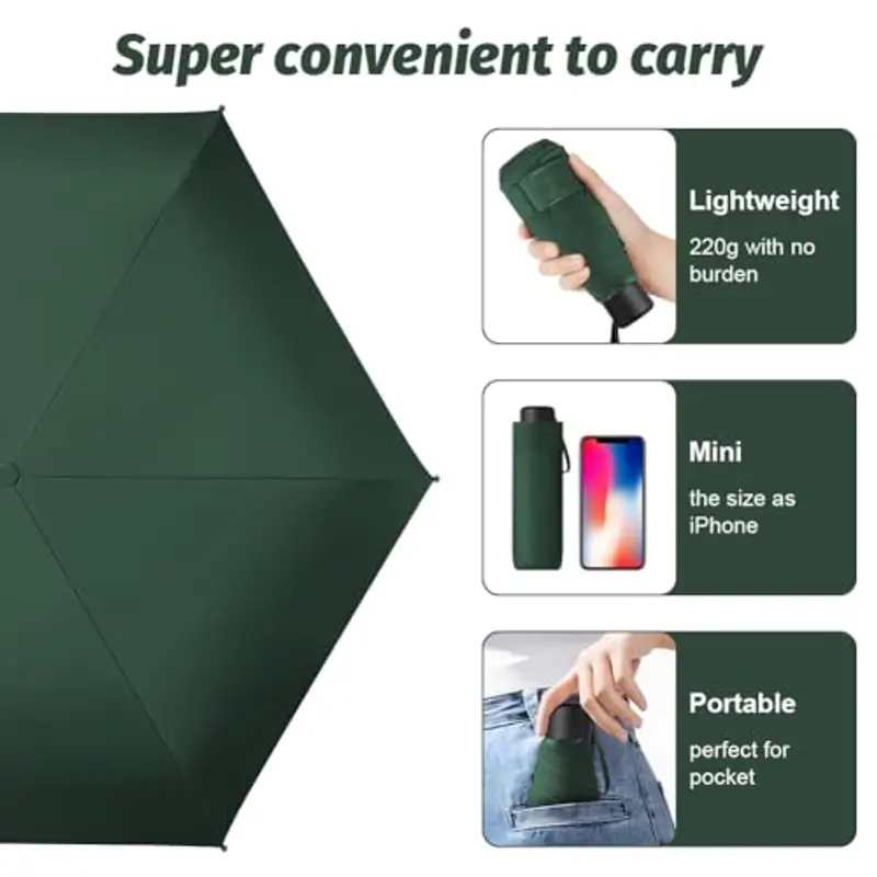 Vicloon Ombrello Pieghevole Antivento, Ombrello da Viaggio Portatile Leggero Compatto, Protezione Pioggia e UV Ombrello per Uomo e Donna Tascabile Adatto per attività All'aperto (Verde Scuro) miniatura 3