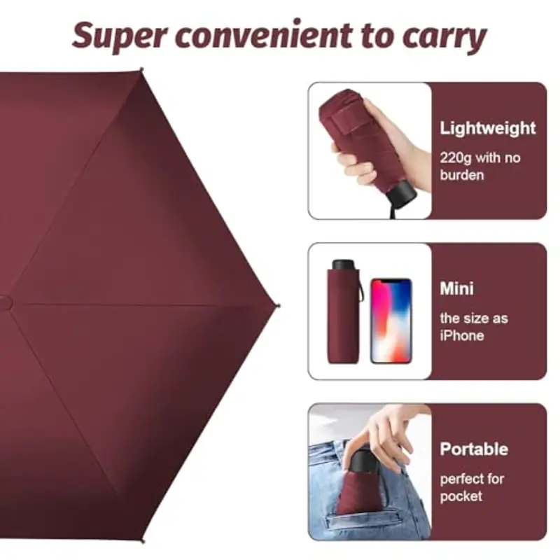 Vicloon Ombrello Pieghevole Antivento, Ombrello da Viaggio Portatile Leggero Compatto, Protezione Pioggia e UV Ombrello per Uomo e Donna Tascabile Adatto per attività All'aperto (Vino Rosso) miniatura 3