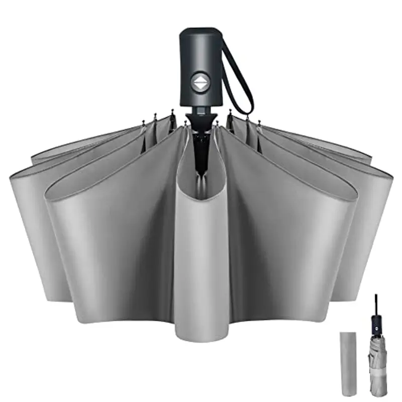 Vicloon Ombrello Pieghevole Compatto Anti-Tempesta, Ombrello Antivento Automatico per Uomo, Ombrello Pieghevole Antivento Compatto Resistente Leggero con 8 Stecche Rinforzate in Teflon, Grigio miniatura 2