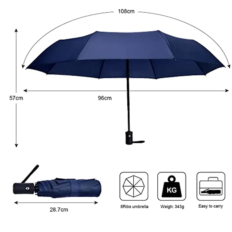 Vicloon Ombrello Pieghevole Compatto Anti-Tempesta, Ombrello Antivento Automatico per Uomo, Ombrello Portatile Automatico Pieghevole Compatto Resistente Leggero con 8 Stecche Rinforzate in Teflon, Blu miniatura 3
