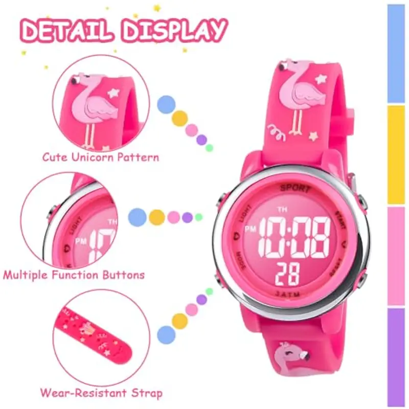 Vicloon Orologio Digitale per Bambini, da Polso per Ragazzi, Waterproof Retroilluminazione a 7 Colori, Visualizzazione Della Data e Dell'ora, Fenicottero miniatura 3