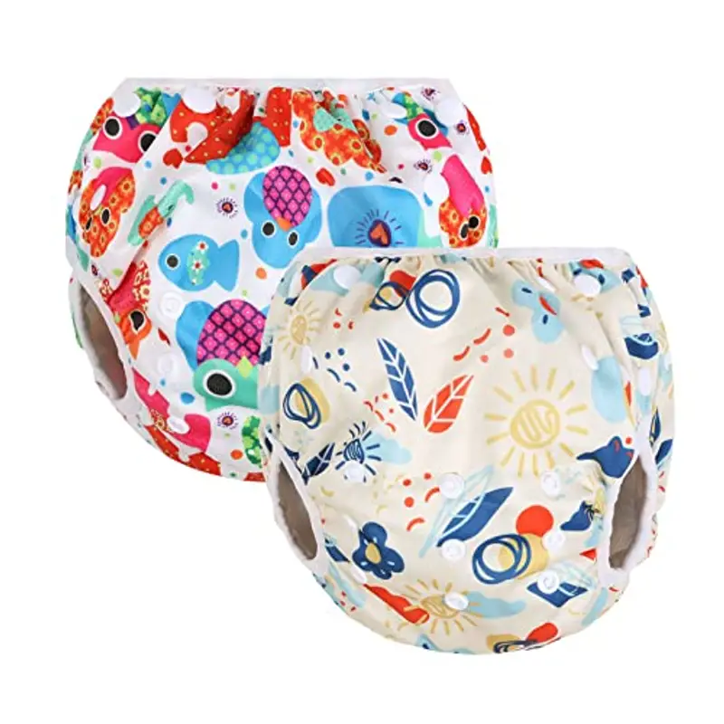 Vicloon Pannolino da Nuoto, 2PCS Pannolini Lavabili Pannolini da Nuoto, Costume Piscina Regolabile Riutilizzabile Costumi per Bambini, Impermeabile Pannolino Piscina, Animali Colorati e Sole Giallo