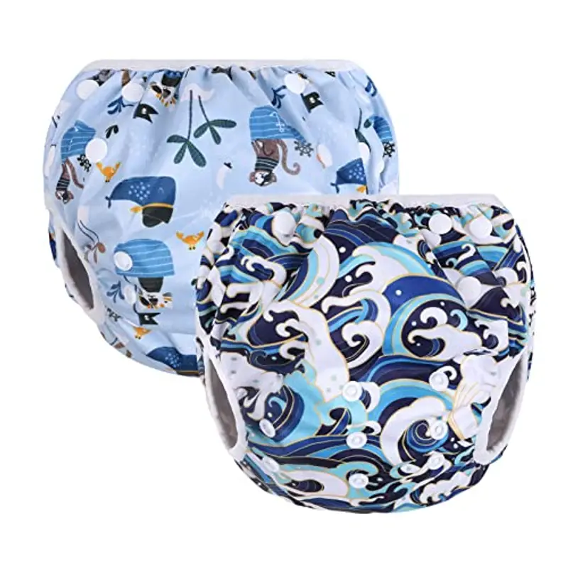 Vicloon Pannolino da Nuoto, 2PCS Pannolini Lavabili Pannolini da Nuoto, Costume Piscina Regolabile Riutilizzabile Costumi per Bambini, Impermeabile Pannolino Piscina, Nave Pirata e Onde, 0-3 Anni