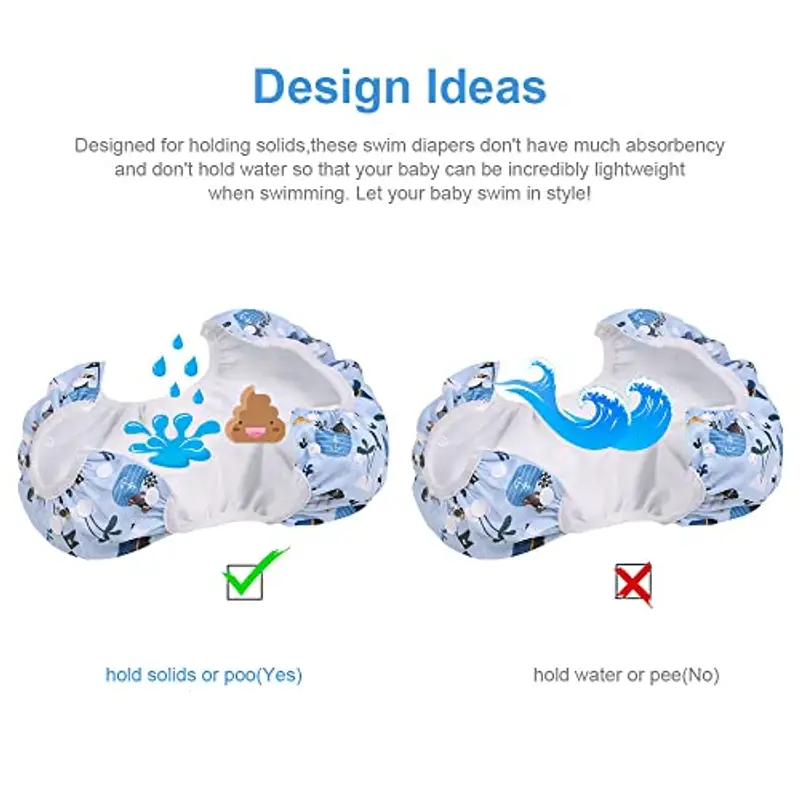 Vicloon Pannolino da Nuoto, 2PCS Pannolini Lavabili Pannolini da Nuoto, Costume Piscina Regolabile Riutilizzabile Costumi per Bambini, Impermeabile Pannolino Piscina, Nave Pirata e Onde, 0-3 Anni miniatura 3