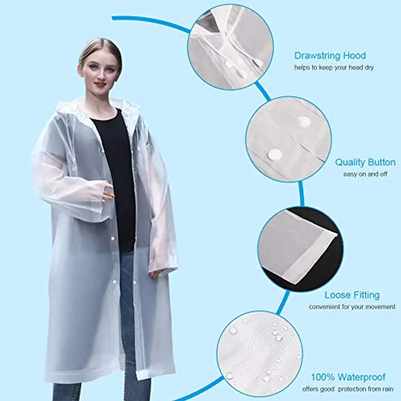 Vicloon Poncho Impermeabile, 2 Pcs per Adulti da Portatile Eva Trasparenti Riutilizzabili, Cappotto di Pioggia per Uomo e Donna per Pesca, Parchi Acquatici e Altro Ancora (Bianco) miniatura 3