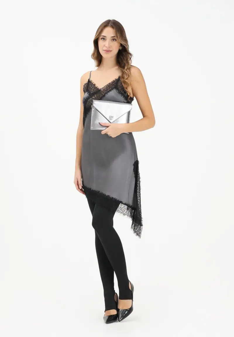 Abito corto grigio da donna con inserti in pizzo nero miniatura 2