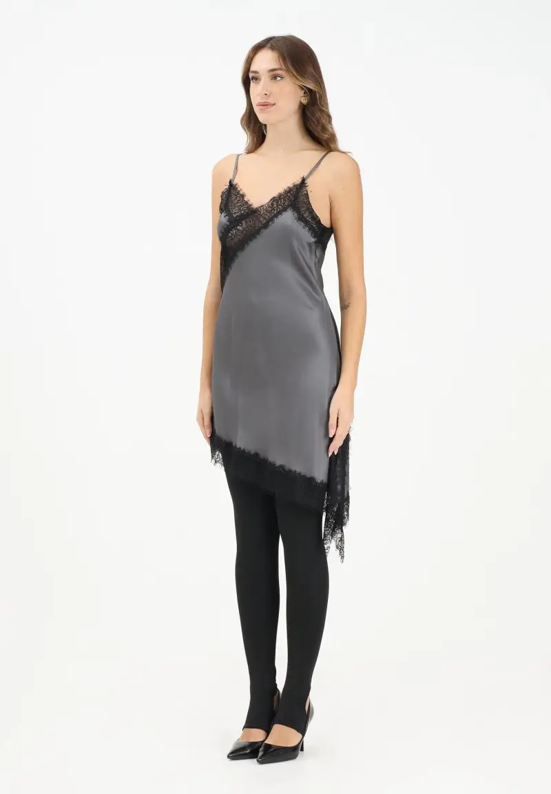 Abito corto grigio da donna con inserti in pizzo nero