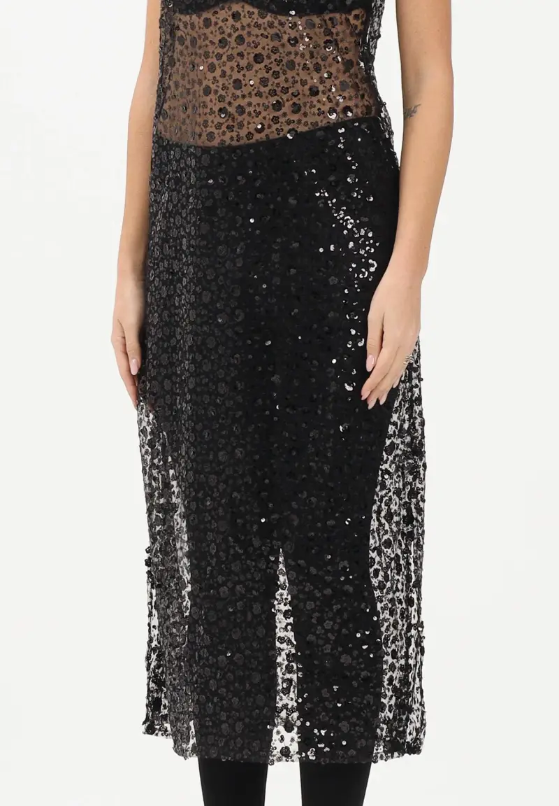 Abito lungo nero da donna con fiorellini di paillettes miniatura 3