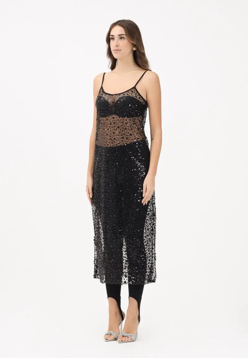 Abito lungo nero da donna con fiorellini di paillettes