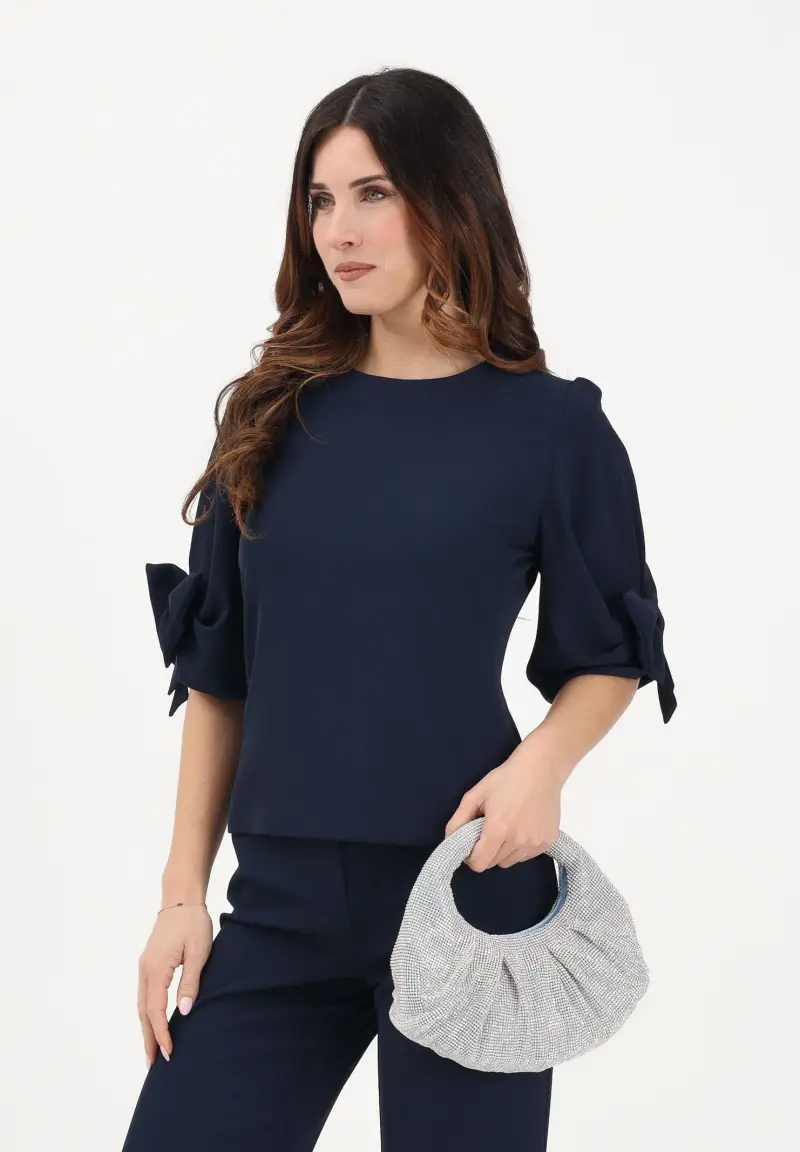 Blusa blu da donna con fiocco applicato miniatura 2