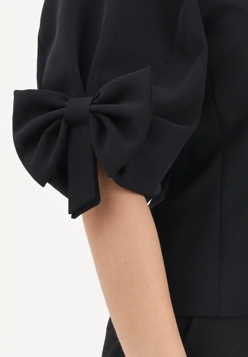 Blusa nera da donna con fiocco applicato miniatura 3