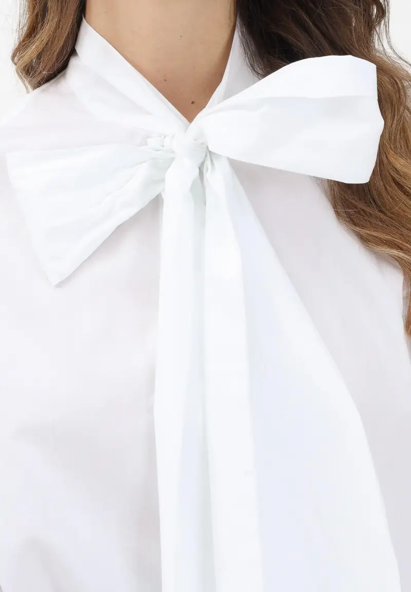 Camicia a manica lunga bianca da donna con fiocco miniatura 3