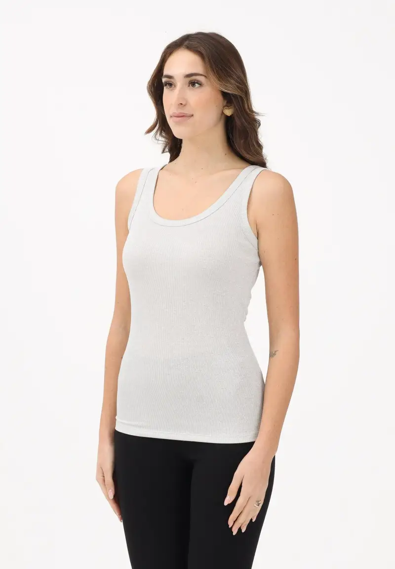 Canotta argento da donna realizzata in un tessuto lavorato con filato lamé