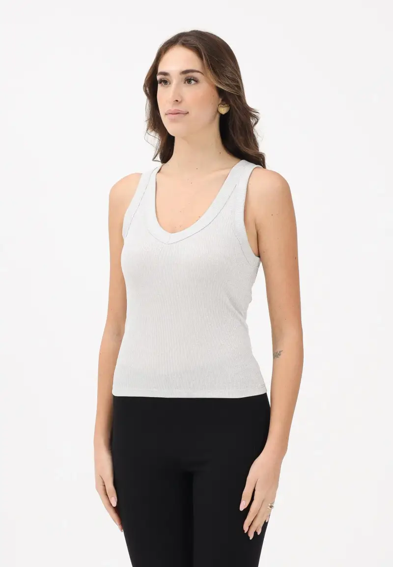 Canotta argento da donna realizzata in un tessuto lavorato con filato lamé