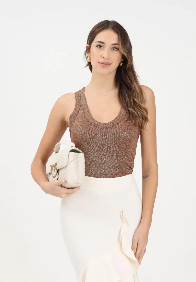 Canotta bronzo da donna realizzata in un tessuto lavorato con filato lamé miniatura 2