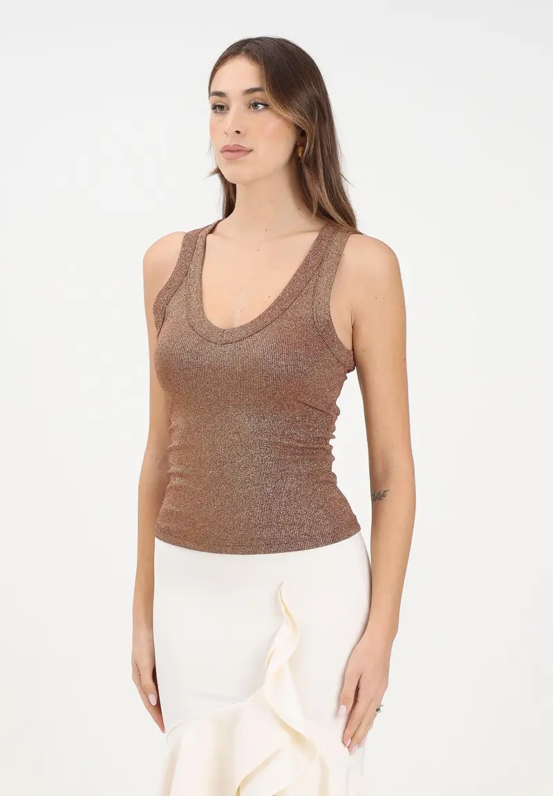 Canotta bronzo da donna realizzata in un tessuto lavorato con filato lamé