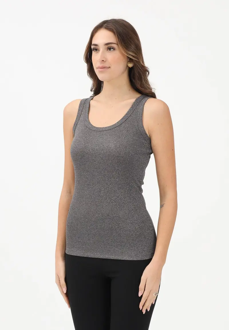 Canotta grigia da donna realizzata in un tessuto lavorato con filato lamé