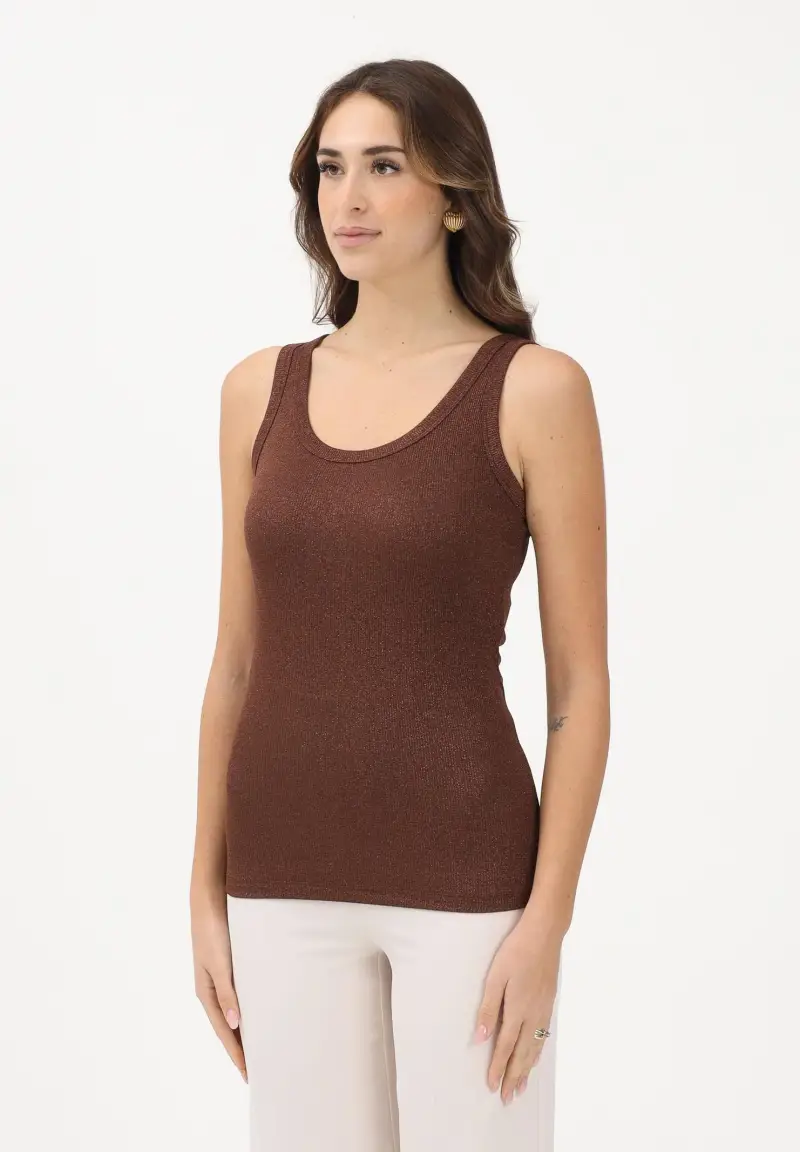 Canotta marrone da donna realizzata in un tessuto lavorato con filato lamé