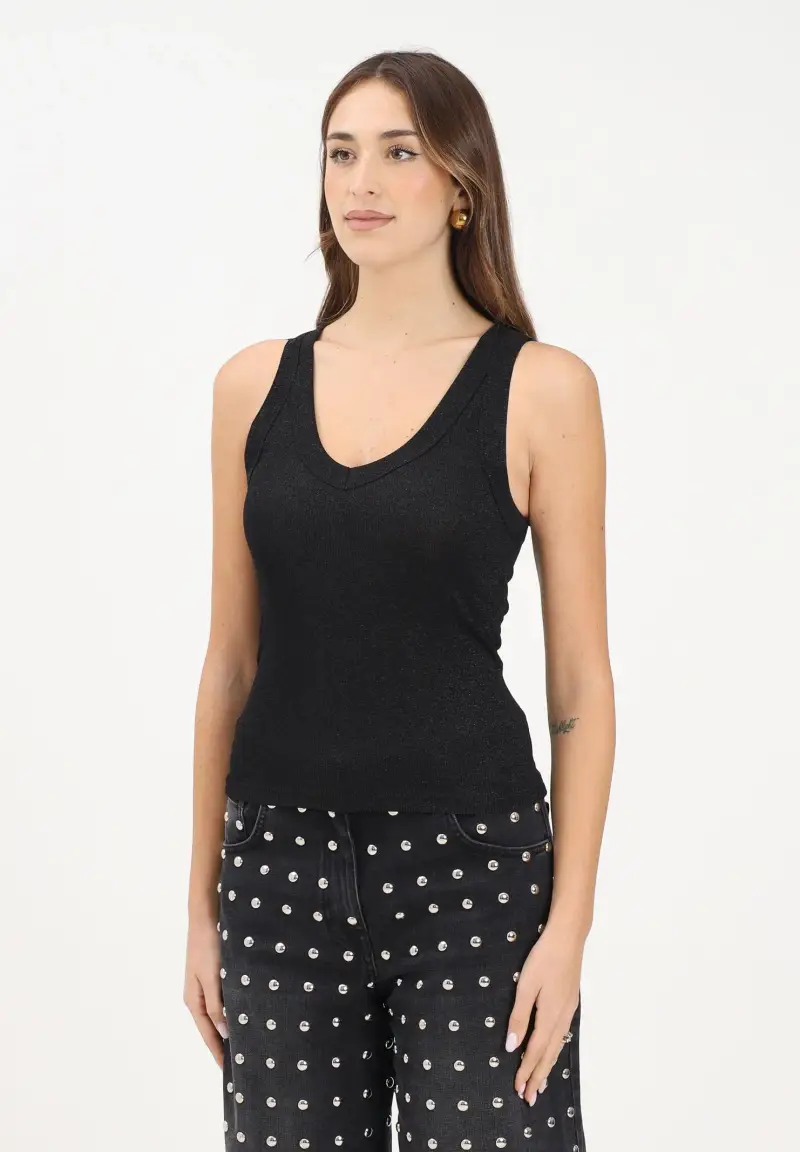 Canotta nera da donna realizzata in un tessuto lavorato con filato lamé