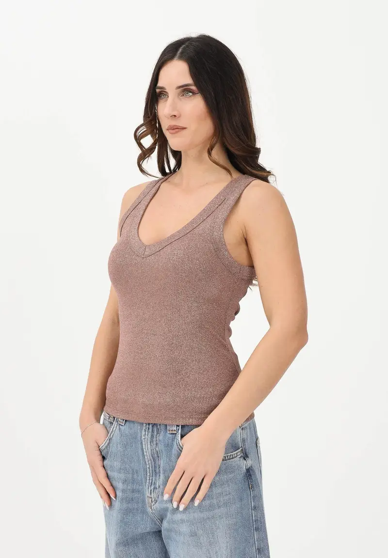 Canotta rosa da donna realizzata in un tessuto lavorato con filato lamé