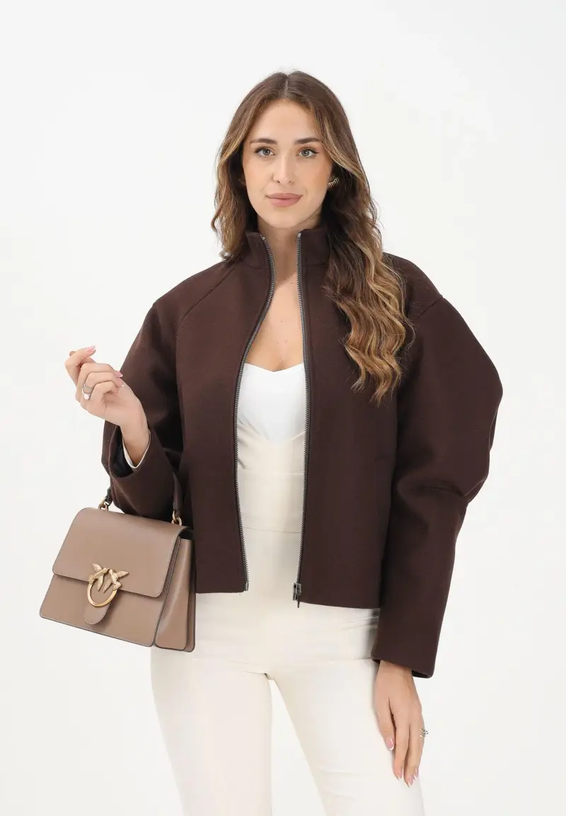 Cappotto corto marrone da donna con maniche a sbuffo miniatura 2