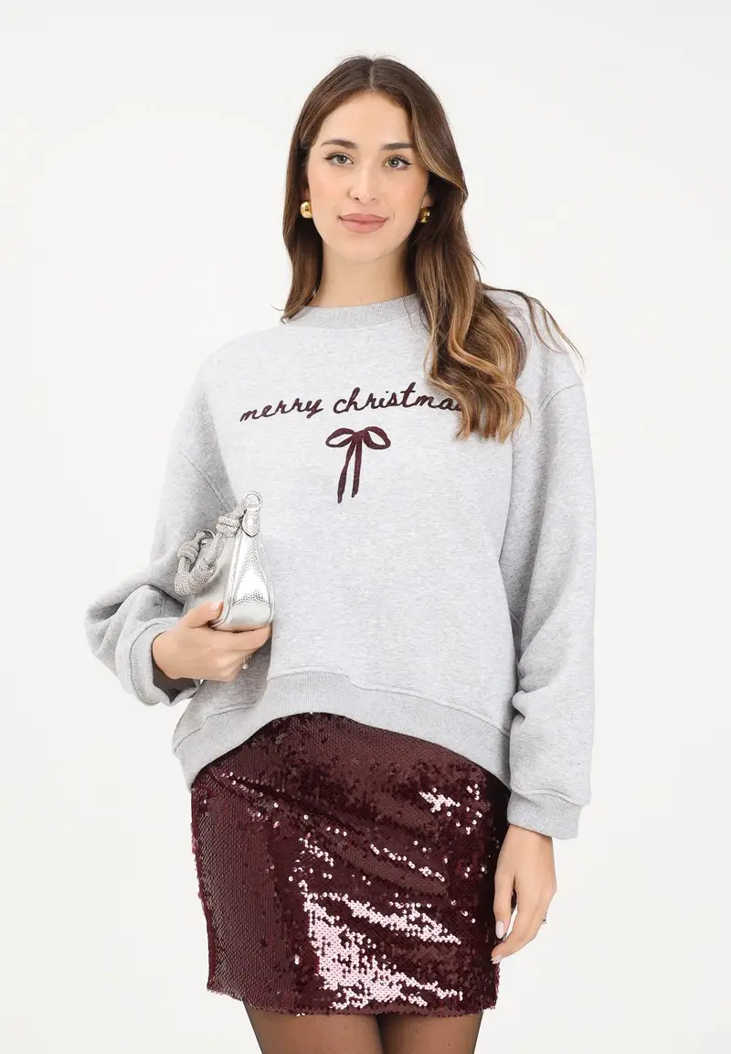 Felpa girocollo grigia da donna con ricamo miniatura 2