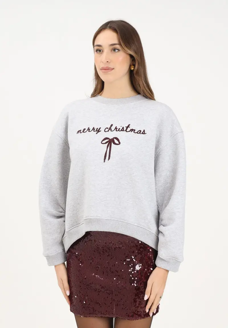 Felpa girocollo grigia da donna con ricamo