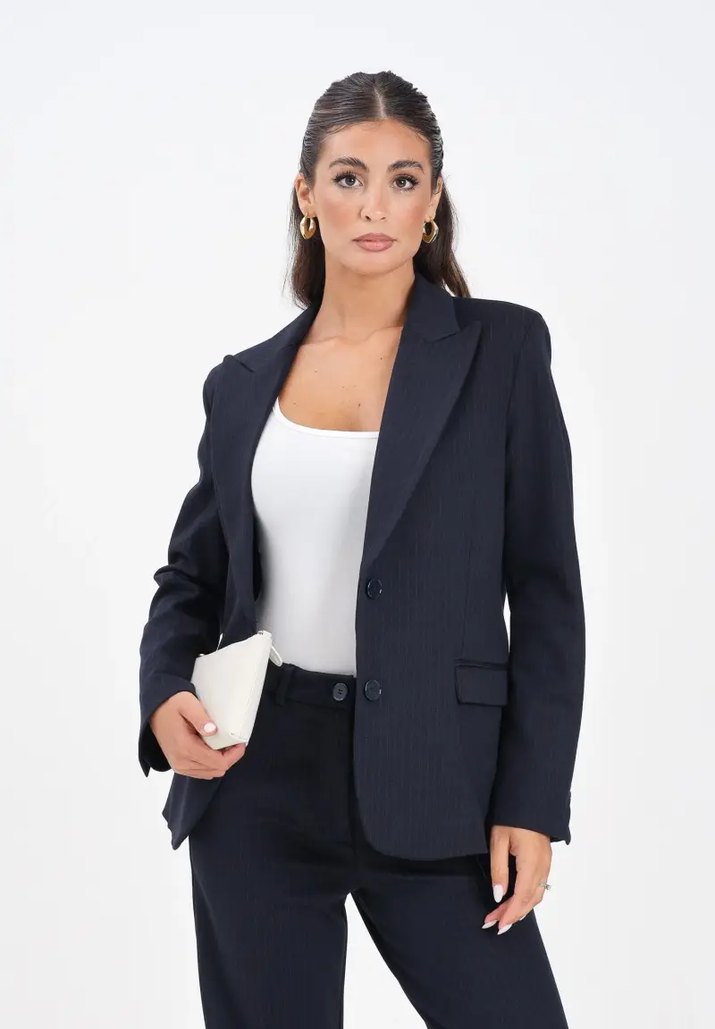 Giacca blu da donna con motivo gessato miniatura 2
