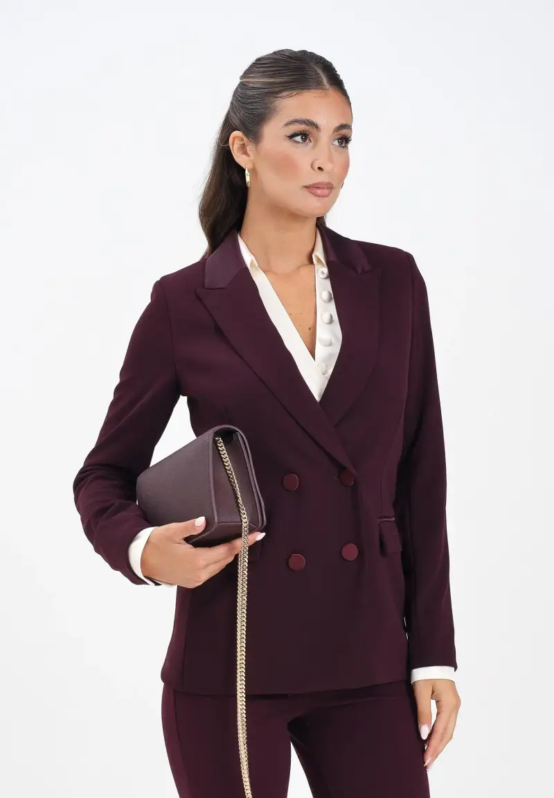 Giacca doppiopetto bordeaux da donna con rever in raso miniatura 2