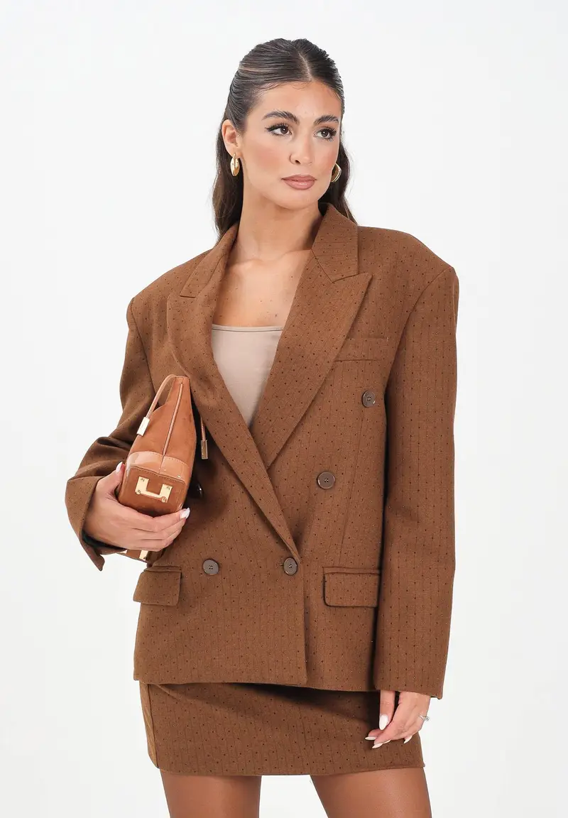 Giacca doppiopetto cammello da donna con motivo gessato e strass miniatura 2