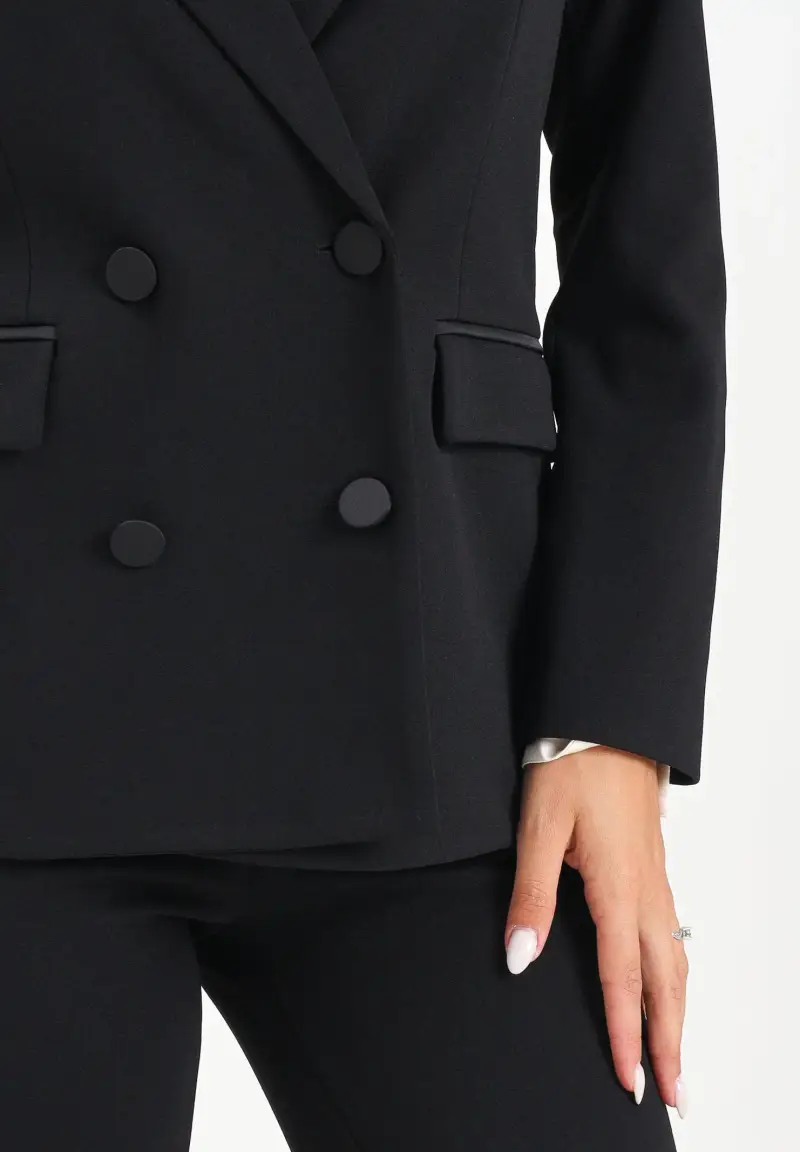 Giacca doppiopetto nera da donna con rever in raso miniatura 3