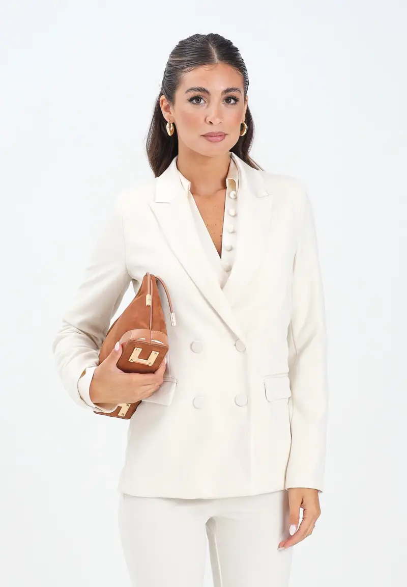 Giacca doppiopetto panna da donna con rever in raso miniatura 2