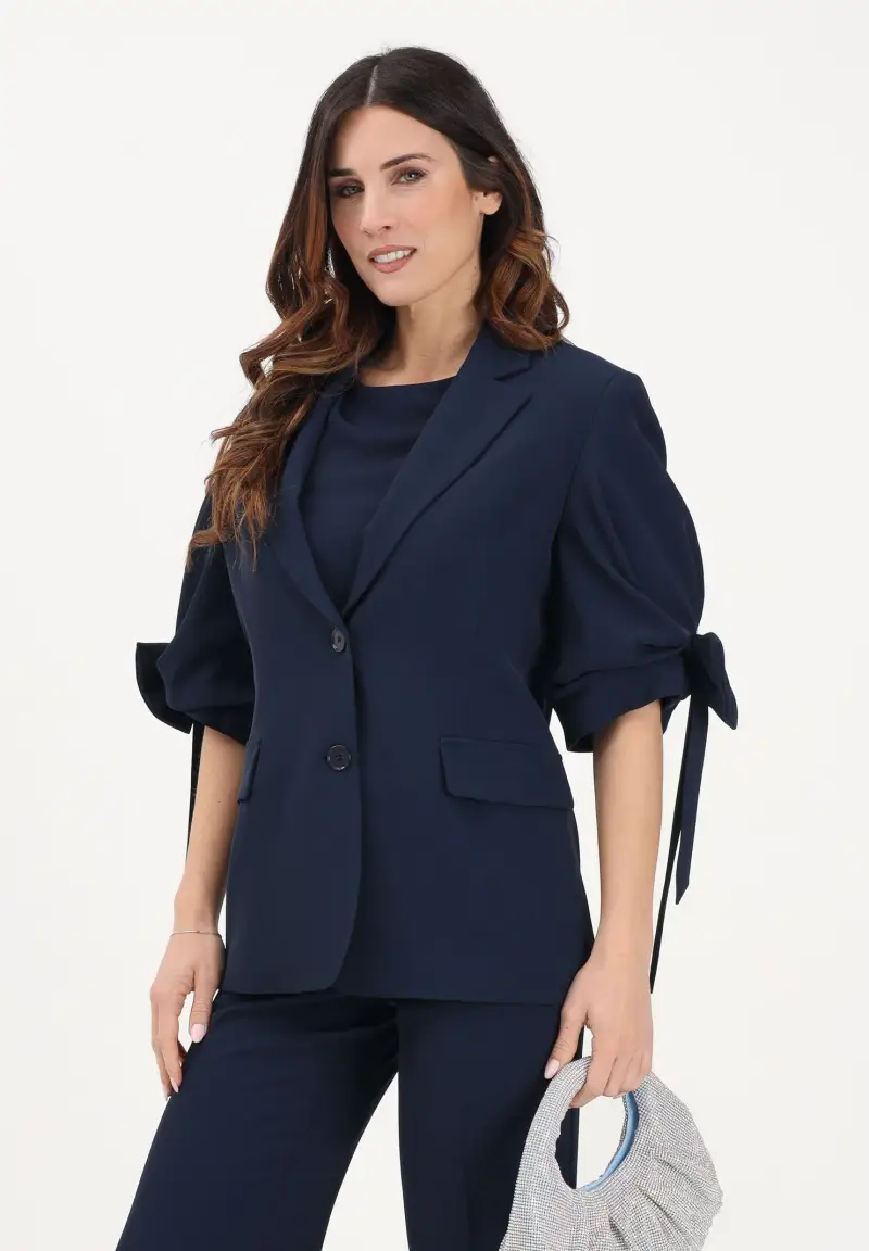 Giacca monopetto blu da donna con fiocchi miniatura 2