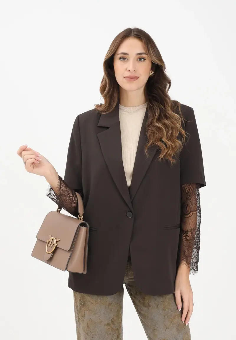 Giacca monopetto marrone da donna con maniche corte e dettagli in pizzo miniatura 2