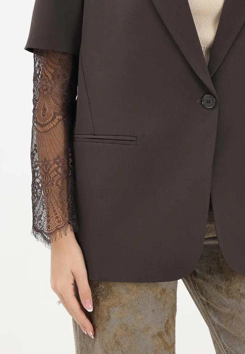 Giacca monopetto marrone da donna con maniche corte e dettagli in pizzo miniatura 3