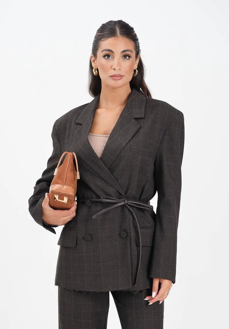 Giacca over marrone da donna con fondo a taglio vivo miniatura 2