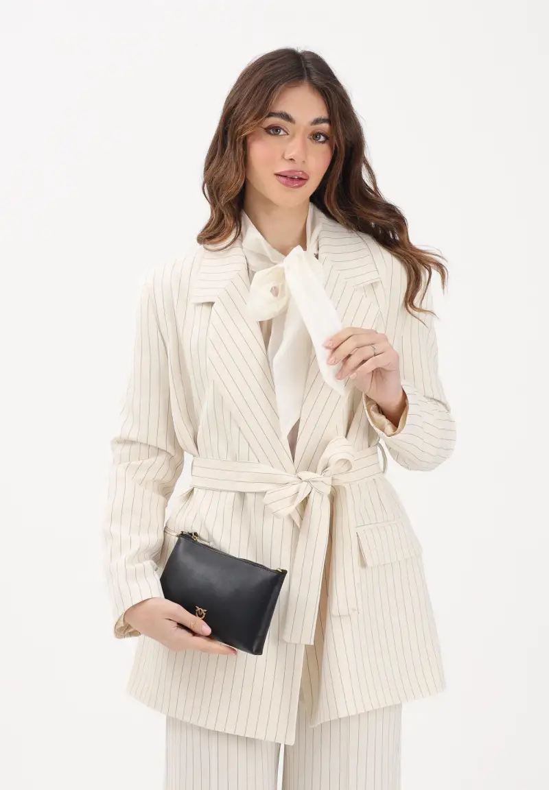 Giacca panna da donna con motivo gessato miniatura 2