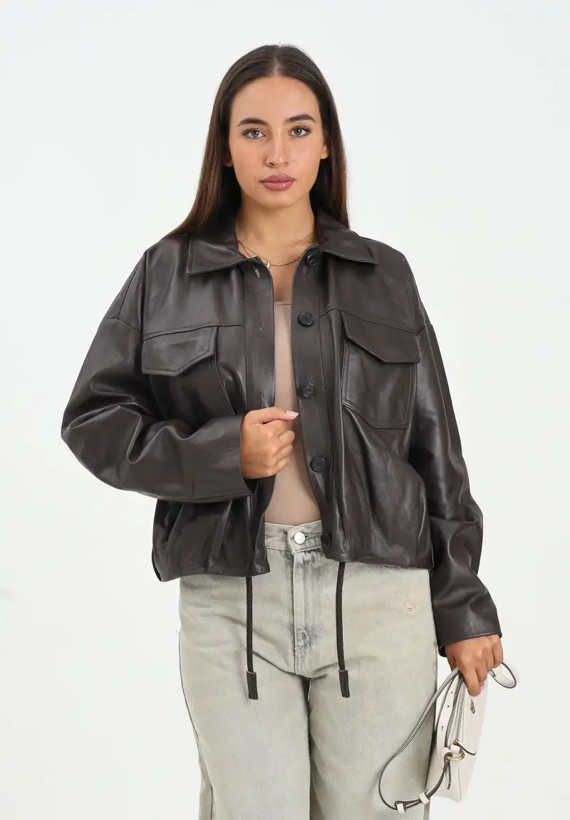 Giubbotto di pelle marrone da donna miniatura 2